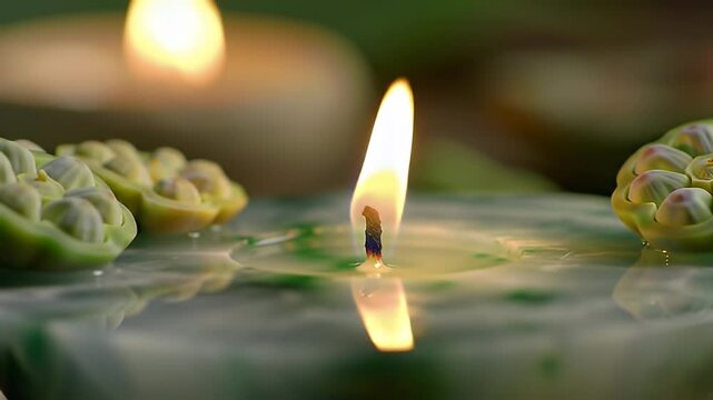 Close Up of a Lit Green Flower Candle with a Bright Flame Creating a Warm and Calm Mood in a Soft Focus Macro Shot