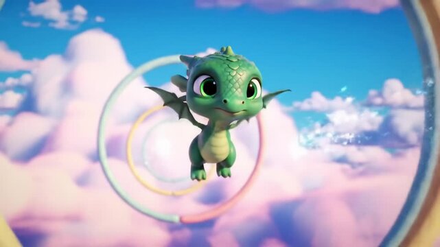 Animated pastel colored dragon flying through rings of clouds