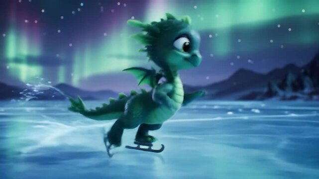 Animated small green dragon skating on frozen lake at night with aurora borealis