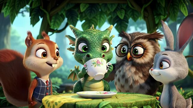 Animated tea party scene with cute animals dragon squirrel owl and bunny