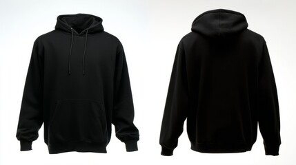 Black hoodie front and back view, minimalist style on plain background. Simple and versatile urban fashion essential.
