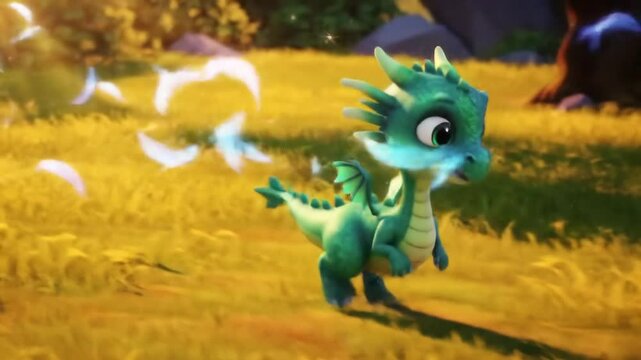 Animated teal dragon walking through golden grass field