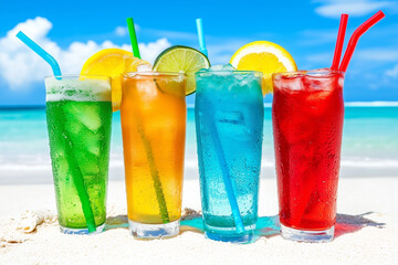 Refreshing Colorful Cocktails by the Beachside with Sunshine and Vibrant Summer Vibes