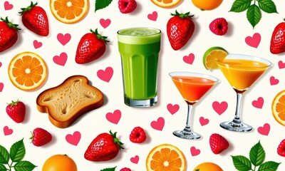 Colorful Fruit and Beverage Flat Lay Background Design