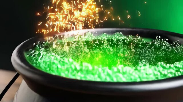 Bubbling green potion inside black cast iron cauldron, fantasy magical brew with steam, on aged wooden table with green background.