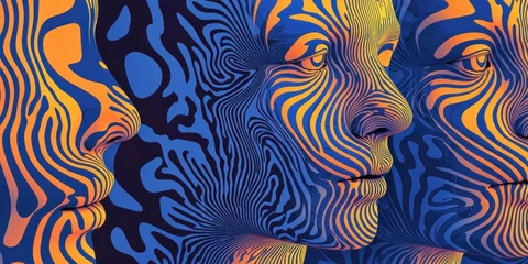 A visual illusion where multiple faces appear to blend into one abstract design