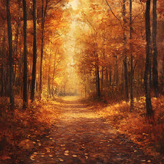 Fototapeta premium Vibrant orange and gold leaves blanketing a forest path, trees illuminated by soft sunlight, a calm breeze rustling the canopy, peaceful autumn retreat. Created Using: RED Komodo emulation,