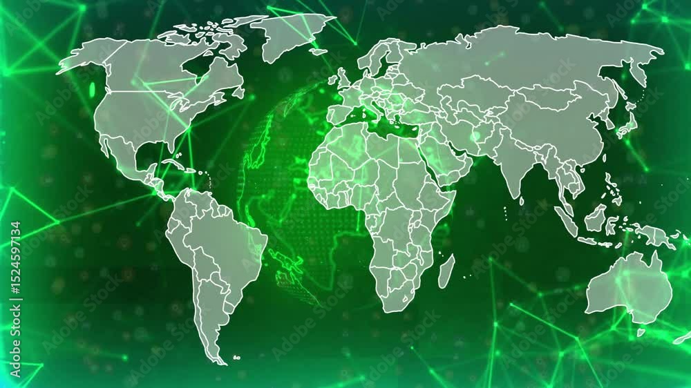 Poster emerging green globe rotating eastward with pulsing mesh and map overlay visualizing data flow