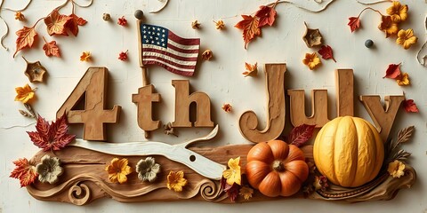 An artful display features "4th JULY" in wooden block letters, adorned with autumn leaves, pumpkins, and a small American flag, blending patriotic and autumnal themes.