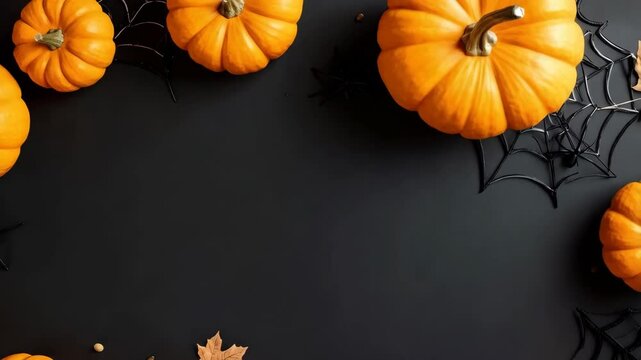 Halloween themed still life with mini pumpkins, spider webs and dry leaves against a dark black background.