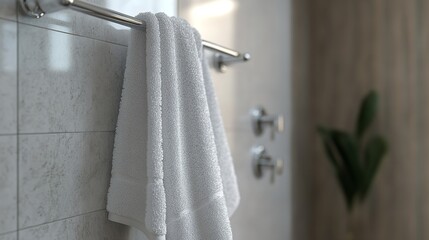 White towels hanging in a bathroom.