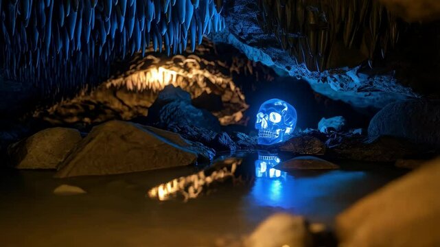 Glowing crystal skull reflecting in still water inside cavern with stalactites, mysterious and eerie lighting, fantasy scene