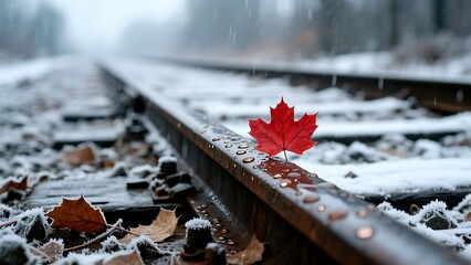 A vibrant maple leaf rests on a snowy railroad track, glistening with raindrops in the winter mist