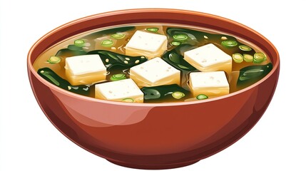 A reddish-brown bowl brimming with miso soup, featuring several cubes of tofu, pieces of seaweed, and scattered green peas, all set against a stark white background