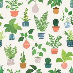 A soft and cheerful pattern featuring a mix of indoor plants in patterned pots, perfect for nature and home decor designs.
