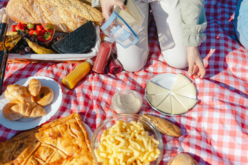 Family having fun and sharing various snacks and drinks during a cheerful picnic on a red checkered...