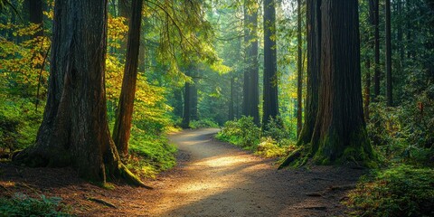 Obraz premium A winding path through towering ancient trees, where soft light filters through the dense canopy