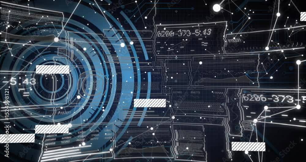Poster on load concentric blue rings rotating, white nodes pulsing and code bars sliding representing data