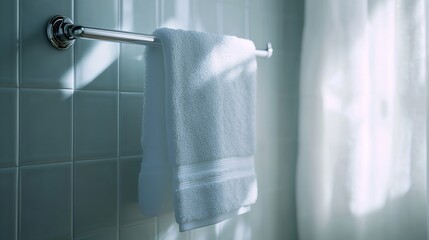 White towels hanging in a bathroom.
