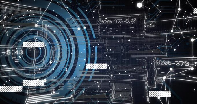 On load concentric blue rings rotating, white nodes pulsing and code bars sliding representing data