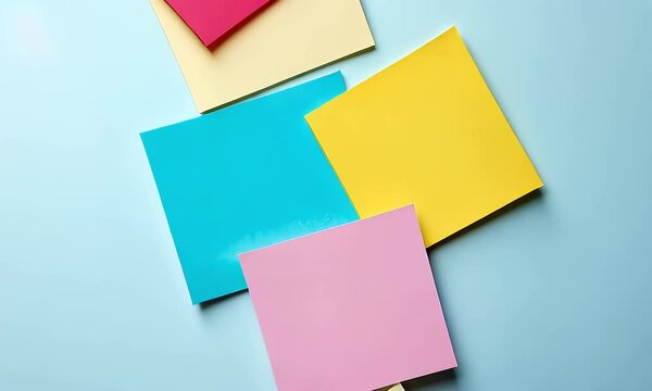 Assorted Colorful Sticky Notes on Light Blue Background Top View Minimalist Arrangement