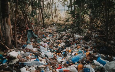 Trash scattered on the ground in the forest, Forest pollution