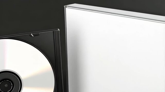 Still life shot showing a compact disc in an opened black jewel case with a closed white case against a dark background.
