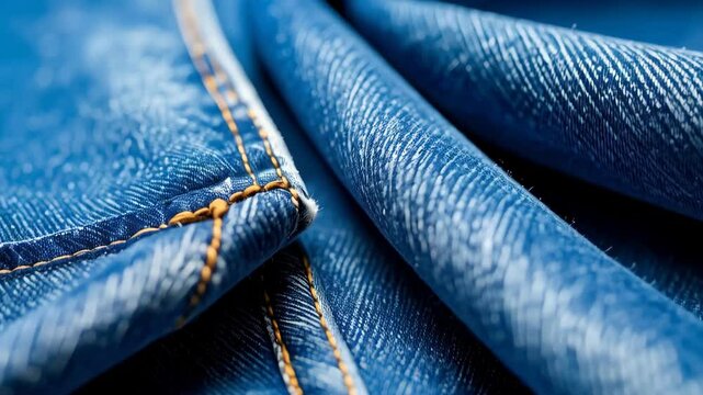 Detailed close-up of folded blue denim fabric with orange stitching detail showing texture and pattern, suitable for backgrounds and textiles.