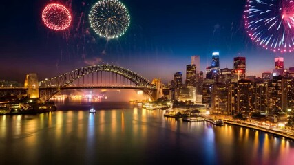 City skyline at night reflecting in water during a fireworks display with an arched bridge illuminated in the distance - Powered by Adobe