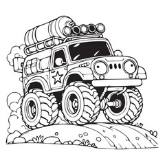 Cartoon funny off road truck suitable for coloring pages - vector illustration