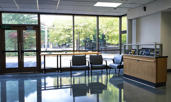 Bright Waiting Area with Gray Seating and Wooden Reception Desk Under Sunlight