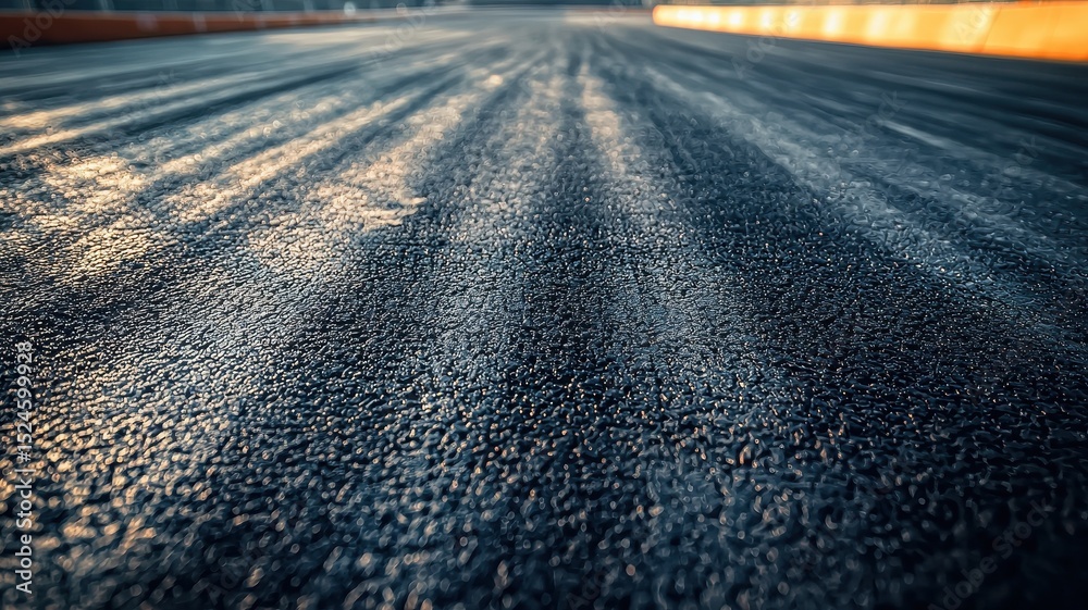 Wall mural a close-up view of an empty f1 track showcasing the textured asphalt and reflections in the sunlight