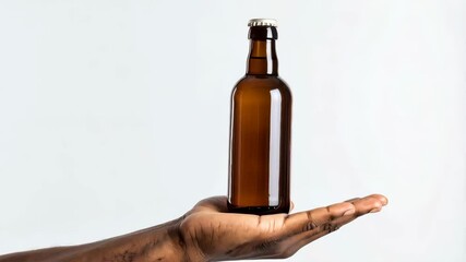 Unlabeled amber glass beer bottle balanced carefully on an African descent hand against a white background