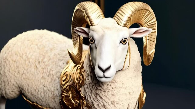 Elegant ram bust featuring gold ornate details on black backdrop, symbolizing strength and prosperity; idealized rendering of animal kingdom with creative flourish.