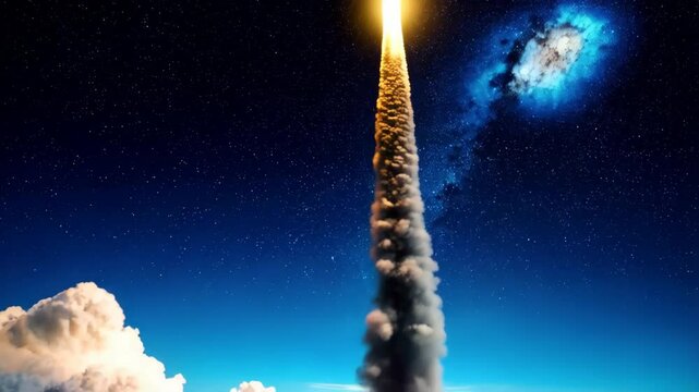 Space shuttle blasting off into the night sky with fiery rocket plumes and a backdrop of stars and a nebula