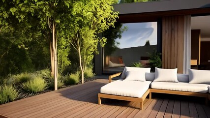 Modern minimalist house exterior with wooden deck and comfortable lounge seating, set against lush green landscape, creating tranquil and luxurious outdoor living space. - Powered by Adobe