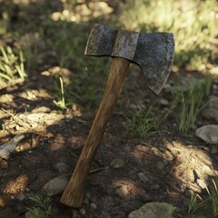 A close-up of a lumberjack axe with a wooden handle, placed in a forest clearing
