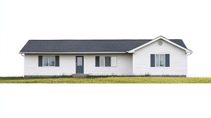 Ranch-style house, white siding, dark gray roof, blue door, multiple windows, sits on a small strip of grass against a white background