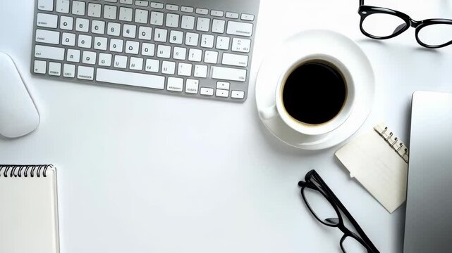 Workspace with Computer Keyboard, Coffee, Notepad, Pen and Glasses on White Background Creating a Clean Professional Look