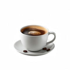 Fototapeta premium A steaming cup of coffee on a white saucer with coffee beans, perfect for a cozy morning vibe.