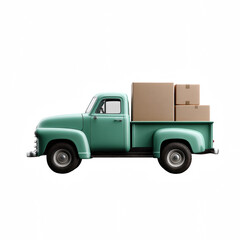 Obraz premium Classic green pickup truck loaded with cardboard boxes, perfect for transportation and delivery imagery.