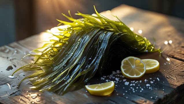 Fresh Seaweed Harvest Vibrant Green Sea Kelp with Lemon and Sea Salt on Rustic Wood