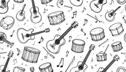 A whimsical, hand-drawn pattern featuring acoustic guitars, snare drums, and musical notes on a white background.  The sketch-style illustration creates a playful, energetic feel