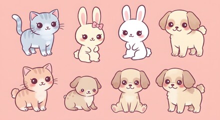 Obraz premium Cute animal characters collection featuring funny baby cat, dog, rabbit illustrations