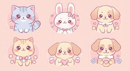 Obraz premium Cute baby animal seamless pattern with funny cartoon cats, bunny and dog sticker collection