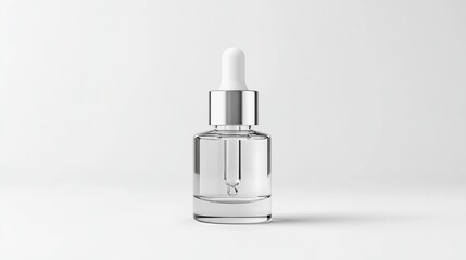 A clear glass bottle with a silver-toned dropper cap, partially filled with a colorless liquid, sits on a white background, casting a subtle shadow