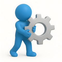 3D Blue Figure Carrying a Gear Teamwork, Solution, and Progress Concept