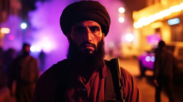 Soldier man standing on a street at night