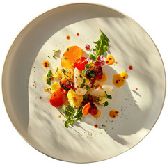 Grilled vegetable salad with carrot, tomato, and fresh herb on white plate