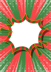 ハーフトーン柄入りのサンバーストとトゲトゲのフレーム背景、集中線とキラキラのデコレーション、コミック風のふきだし、クリスマスカラー、縦向き